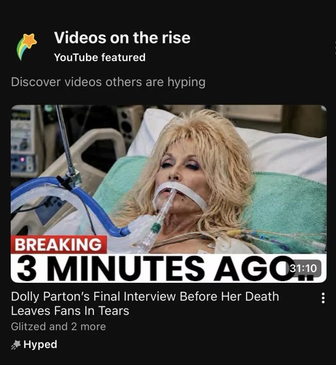 a fake image of Dolly Parton lying in a hospital bed, with a white chyron reading 3 MINUTES AGO