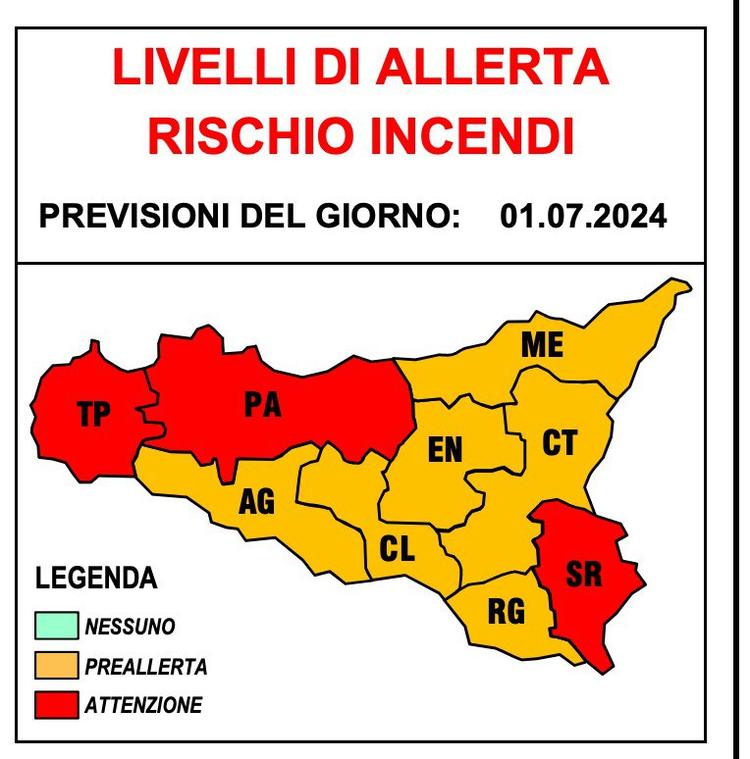 Domani 01/07/2024 pericolosità incendi ALTA su PA, SR e TP, MEDIA su AG, CL, CT, EN, ME e RG. Dichiarato livello di ATTE...