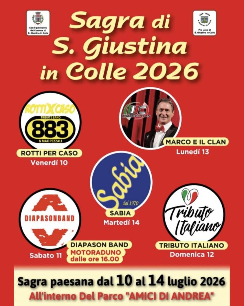 🎉 CONTO ALLA ROVESCIA PER LA SAGRA DI SANTA GIUSTINA IN COLLE 2026! 😎 Dal 10 al 14 luglio, il Parco "Amici di Andrea"...