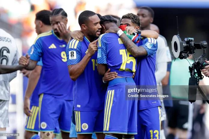 Kenji Gorre of Curacao, Arjany Martha of Curacao, Tyrese Noslin of Curacao disappointed after the match  during the  World Cup match between Curacao  v Ivory Coast at the Philadelphia Stadium on June 25, 2026 in Philadelphia United States
