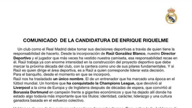 Comunicado oficial de la candidatura de Enrique Riquelme: Se lanza a por Jürgen Klopp