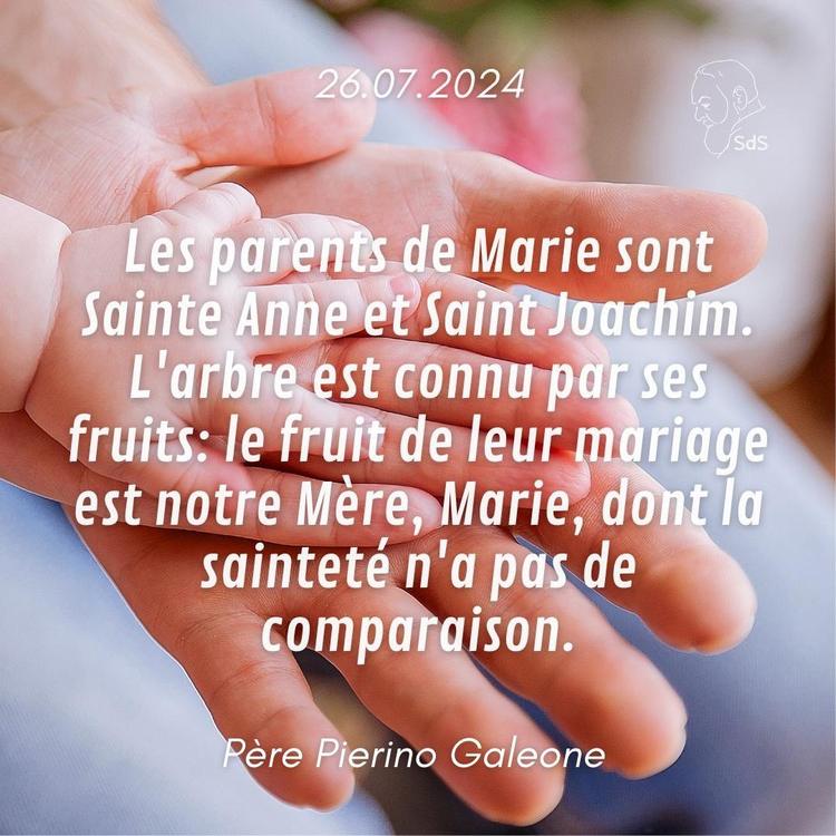 26.07.24
Les parents de Marie sont Sainte Anne et Saint Joachim. L'arbre est connu par ses fruits: le fruit de leur mariage est notre Mère, Marie, dont la sainteté n'a pas de comparaison.

Père Pierino Galeone