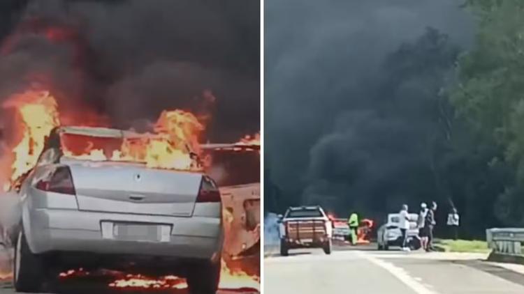 Carro pega fogo e provoca interdição parcial na Rodovia Oswaldo Cruz, em Natividade da Serra
