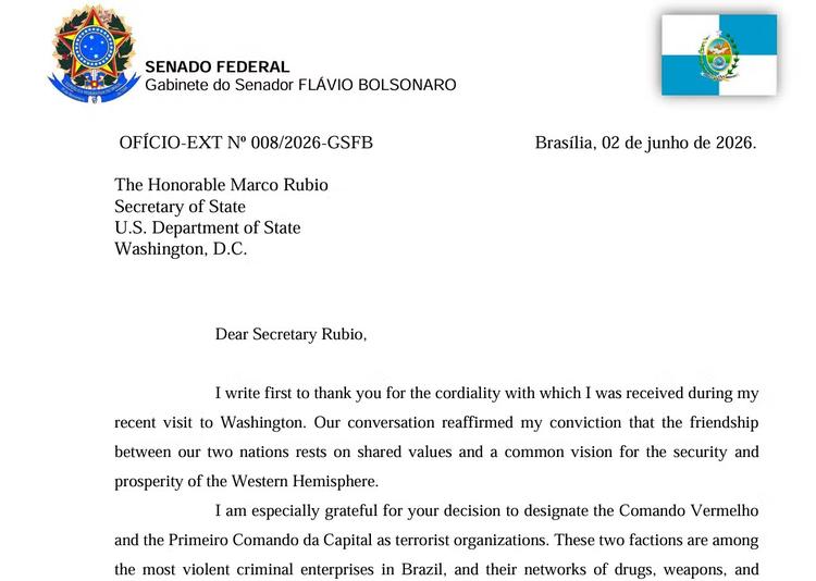 Flávio Bolsonaro divulga carta enviada a Rubio contra nova proposta dos EUA de tarifas ao Brasil; leia íntegra