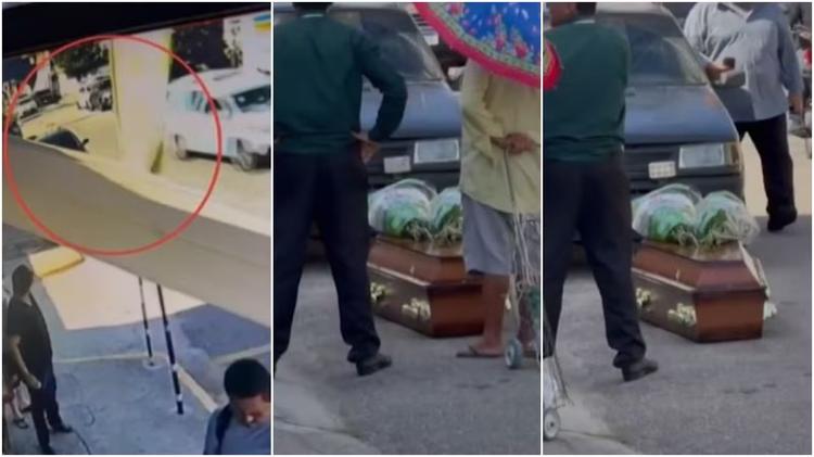 Caixão cai de carro de funerária em rua e chama a atenção de moradores em Fortaleza