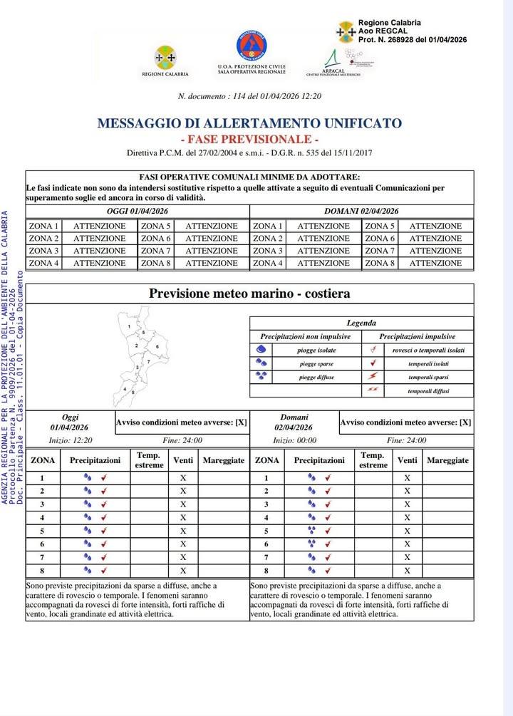 🚨 ALLERTA METEO ARANCIONE – prevista per la giornata di domani 02 aprile 2026🚨 La Protezione Civile Calabria ha emanat...