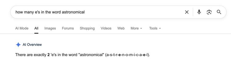A screenshot of Google AI overviews giving the wrong answer to a spelling question.