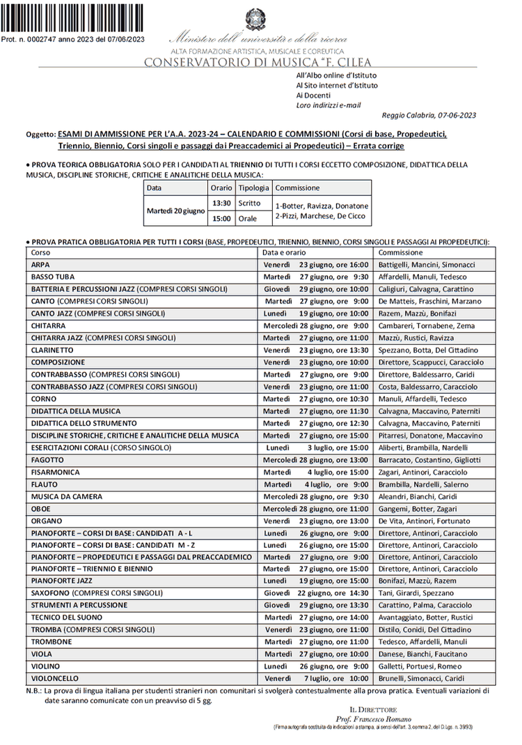 ESAMI DI AMMISSIONE PER L'A.A. 2023-24: CALENDARIO E COMMISSIONI
