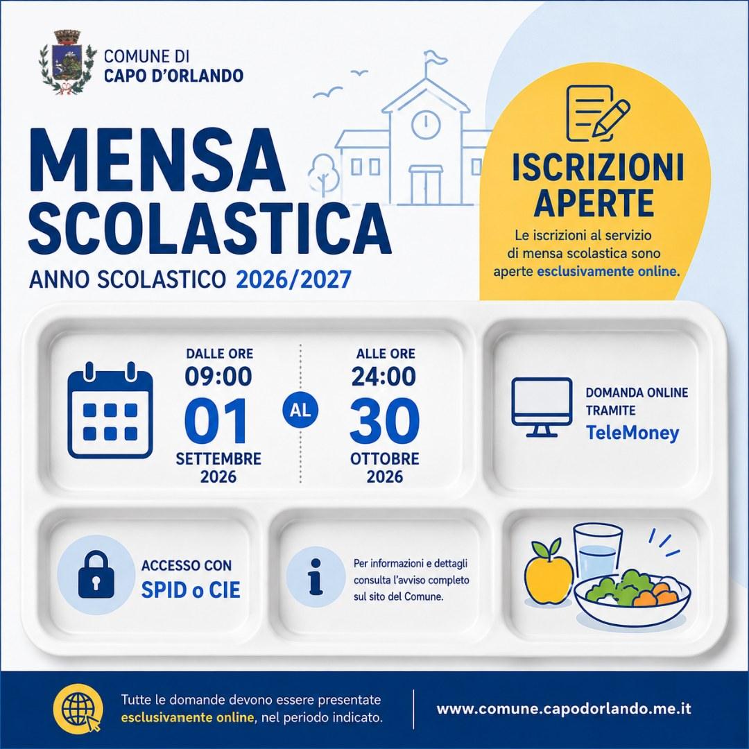 Servizio mensa scolastica: aperte le iscrizioni per l’anno scolastico 2026/2027 Le domande dovranno essere presentate es...