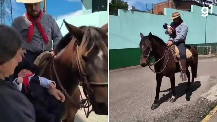 Bebê deixa maternidade a cavalo e vestindo traje típico no RS