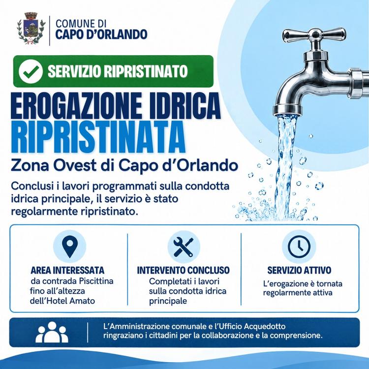 💧 Ripristinata l’erogazione idrica nella zona Ovest Si informa la cittadinanza che, conclusi i lavori programmati sulla...