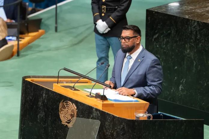 Guyana President addressing the UN on Sept. 24, 2026. 