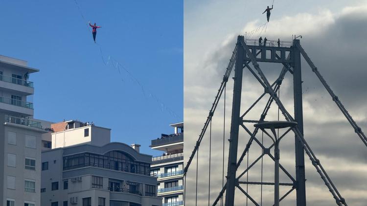 Atleta completa caminhada a 85 metros de altura na Ponte Hercílio Luz em highline urbano; VÍDEO