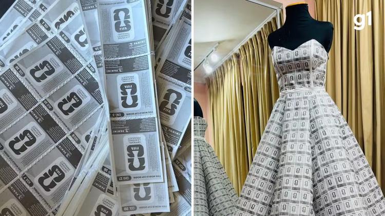 Estilista gaúcha cria vestido de noiva com quase 3 mil figurinhas do álbum da Copa inspirada em coleção da filha