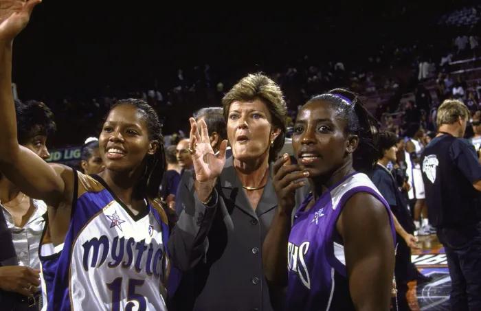 The Washington Mystics' Nikki McCray (from left), University of Tennessee head coach Pat Summitt and the Sacramento Monarchs' Ruthie Bolton-Holifield take in the crowd at the inaugural WNBA All-Star Game in 1999.