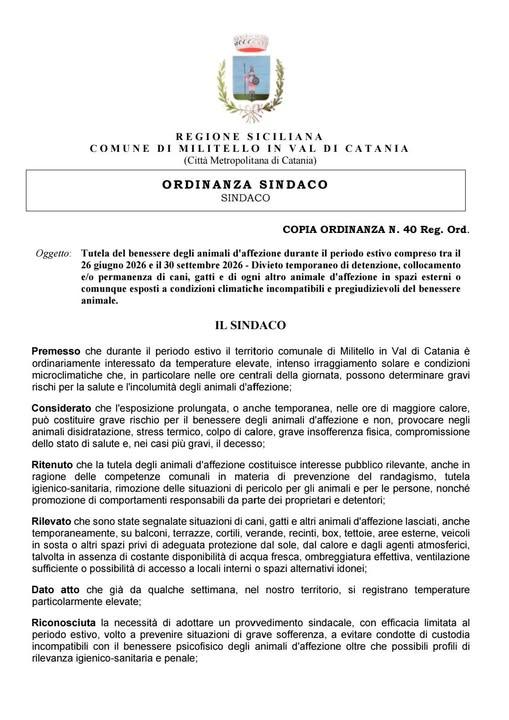 Ordinanza del Sindaco n. 40 del 26 Giugno 2026 Tutela del benessere degli animali d'affezione durante il periodo estivo...