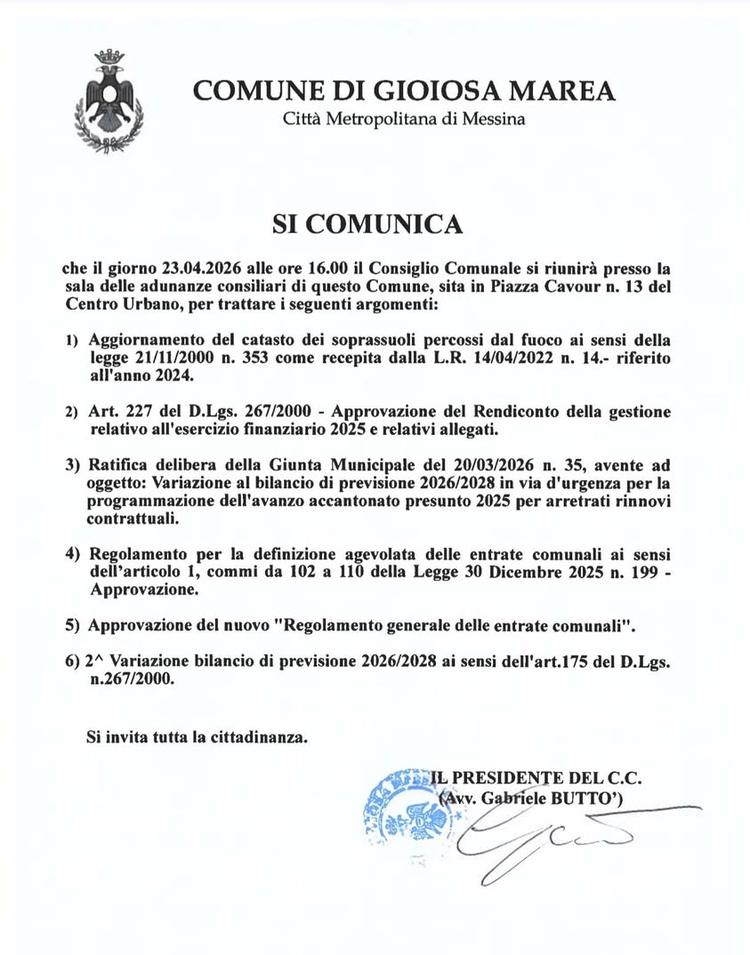 📌Torna a riunirsi il Consiglio Comunale di Gioiosa Marea. Il Presidente Gabriele Buttò ha convocato l'assemblea cittadi...