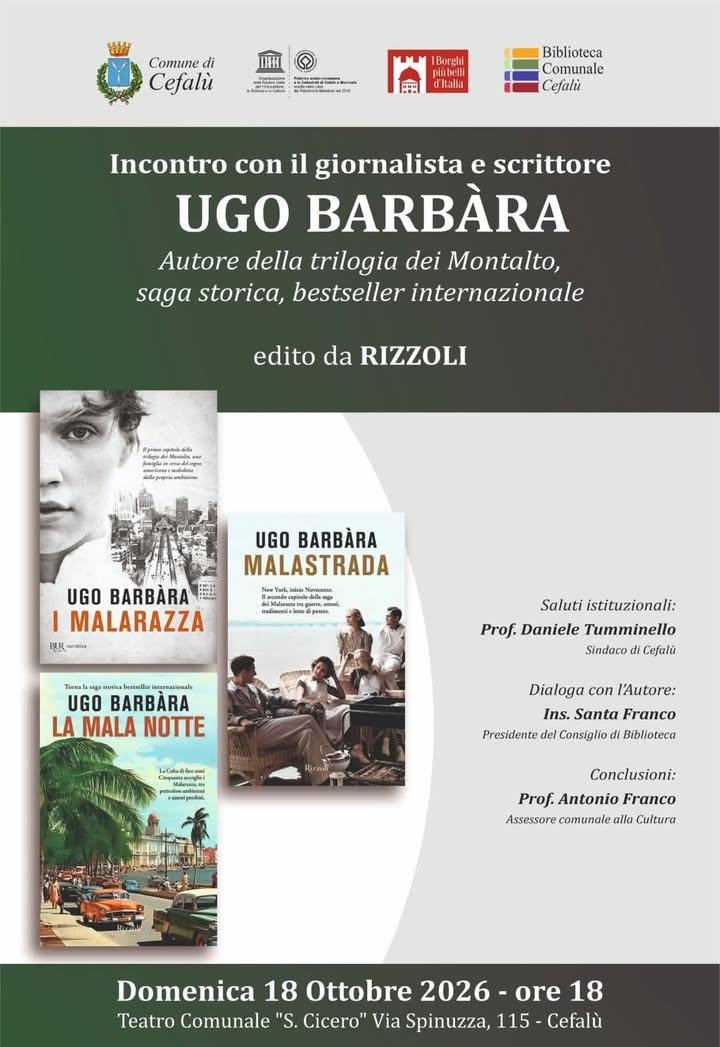 Domenica 18 Ottobre, alle 18, al Teatro Cicero, incontro con il grande scrittore e giornalista Ugo Barbàra, autore dei b...