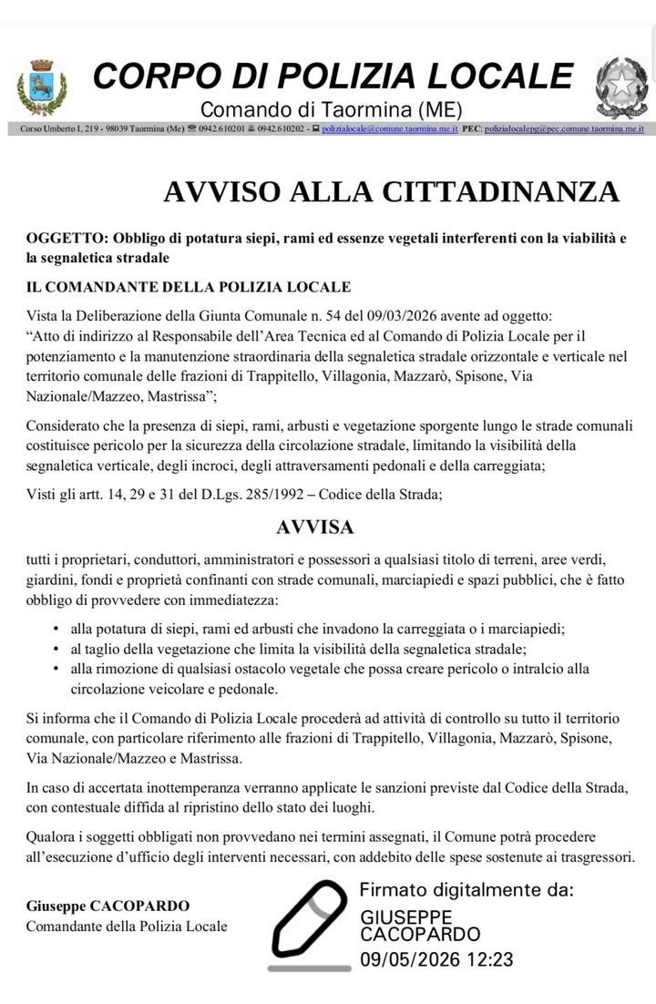 ⚠️ AVVISO ALLA CITTADINANZA Obbligo di potatura di siepi, rami ed essenze vegetali interferenti con la viabilità e la se...