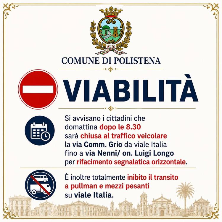 ⚠️VIABILITÀ, AVVISO 📣📣📣 Si avvisano i cittadini che domattina (martedi 5 maggio) dopo le 8.30 sarà chiusa al traffico...