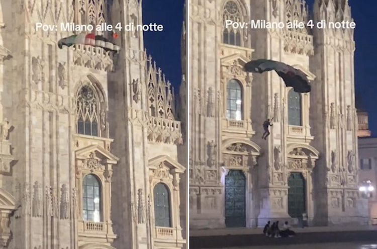 Si lancia col paracadute dal Duomo di Milano esibendo i colori della Palestina: bloccato dalla polizia