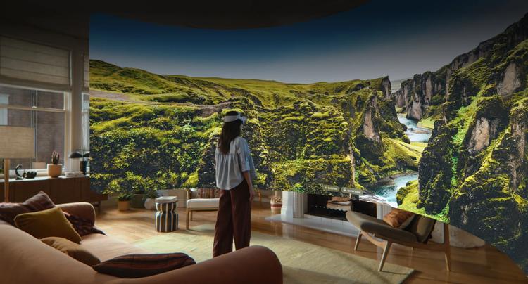 woman wearing vision pro looks at immersive panorama