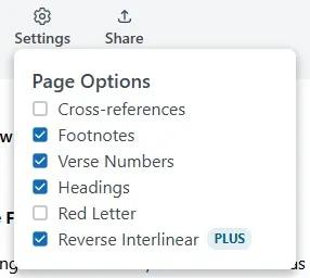 Page Options menu on Bible Gateway passage page