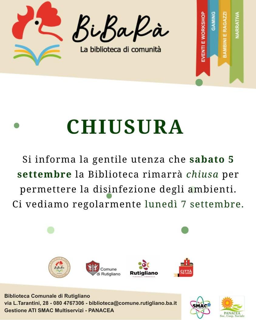 Cari utenti, Sabato 5 settembre la biblioteca resterà chiusa per la disinfezione degli ambienti.  Ci vediamo regolarment...