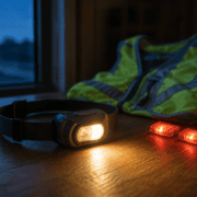 A headlamp shines on a wooden table next to two small red lights and a yellow reflective safety vest, essential items for any running gear upgrade, with a window in the background. Austin Marathon Half Marathon & 5K