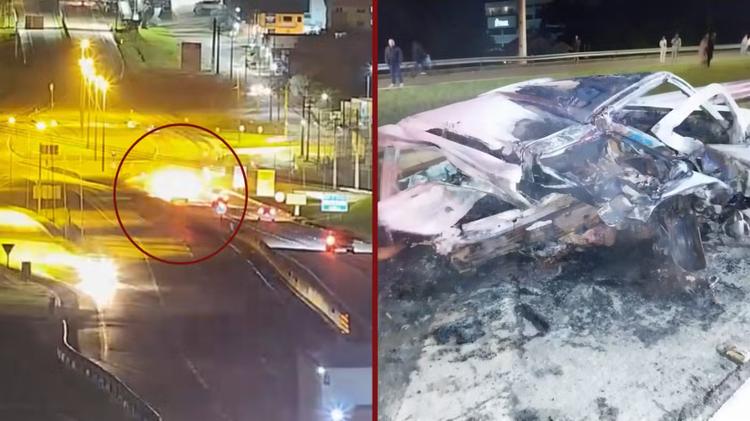 Motorista bêbado em alta velocidade bate em outro carro, causa incêndio e foge em rodovia do Paraná; uma pessoa morreu carbonizada