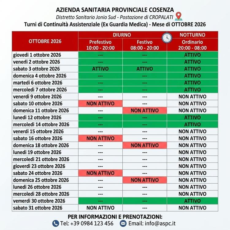 AZIENDA SANITARIA PROVINCIALE COSENZA  Distretto Sanitario Jonio Sud - Postazione di CROPALATI  Turni di Continuità Assi...