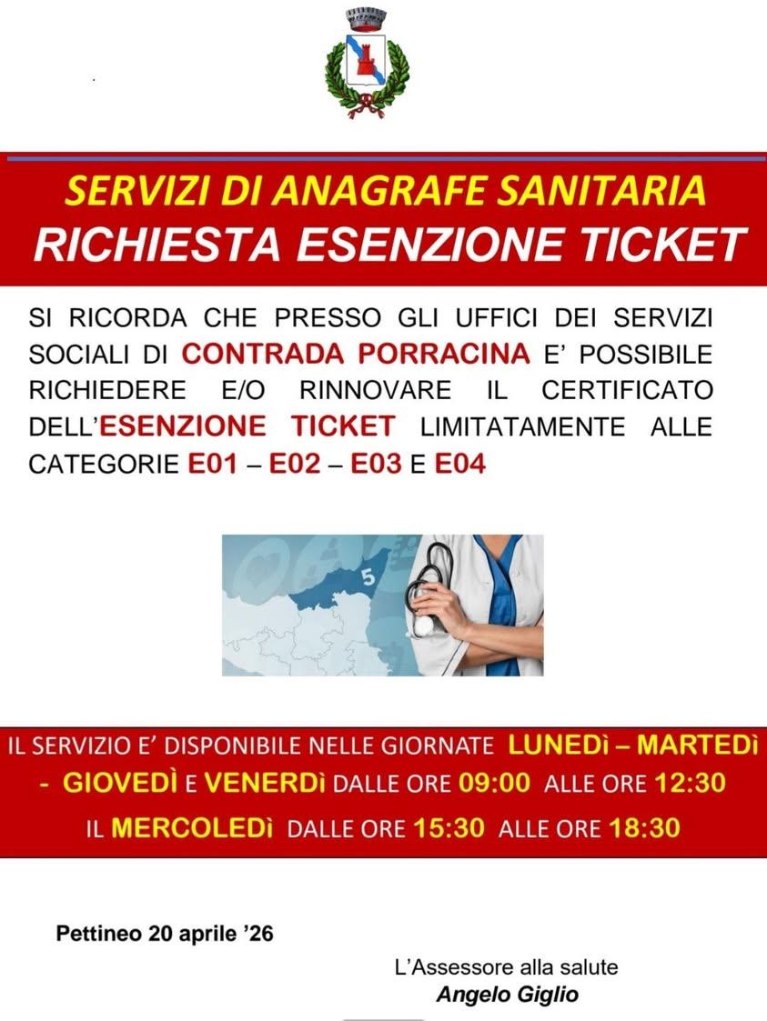RICHIESTA ESENZIONE TICKET  Si ricorda che presso gli uffici dei servizi sociali di Contrada Porracina è possibile richi...