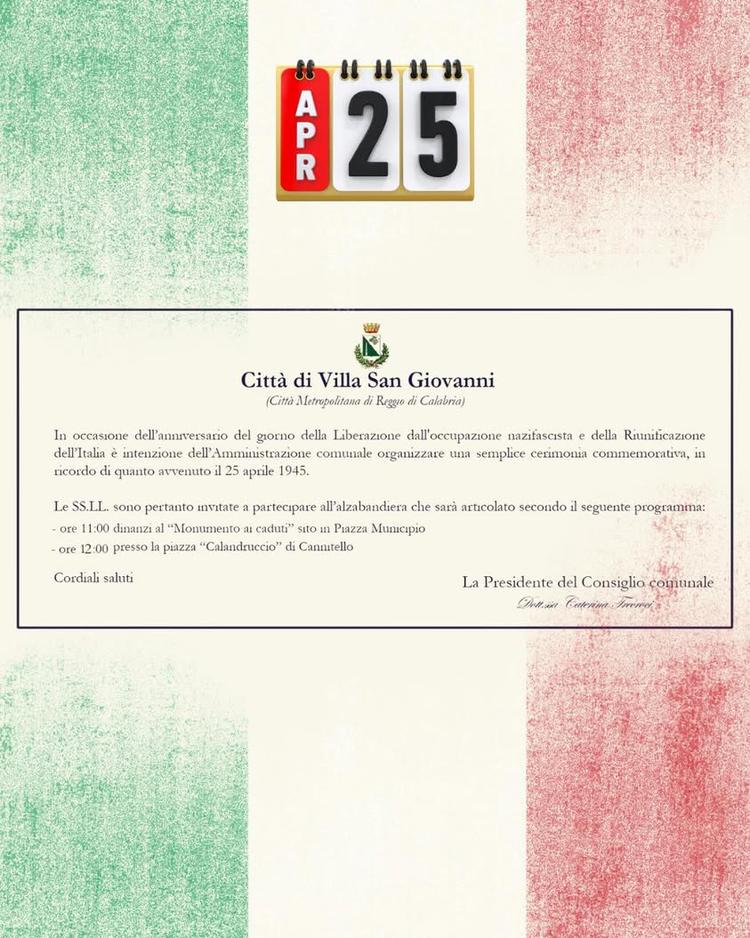 🇮🇹 25 Aprile Festa della Liberazione Il Comune di Villa San Giovanni celebra l’anniversario della Liberazione dall’occ...