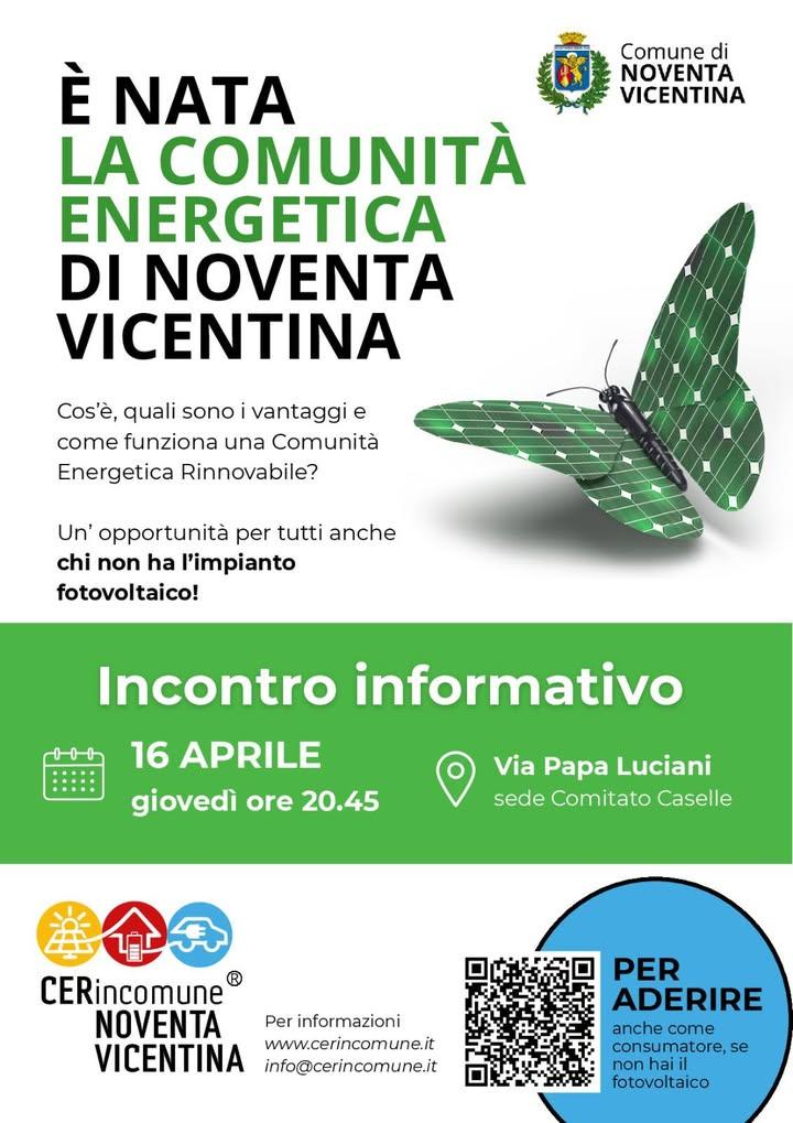 🔋 COMUNITÀ ENERGETICA RINNOVABILE DI NOVENTA VICENTINA – INCONTRO INFORMATIVO 📅 Giovedì 16 aprile 2026 ⏰ Ore 20.45 📍...
