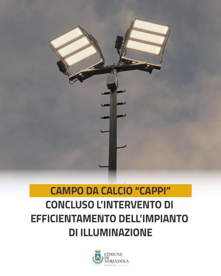 L’Amministrazione Comunale di Mirandola informa di aver completato la sostituzione dei corpi illuminanti del campo da calcio “Gi...