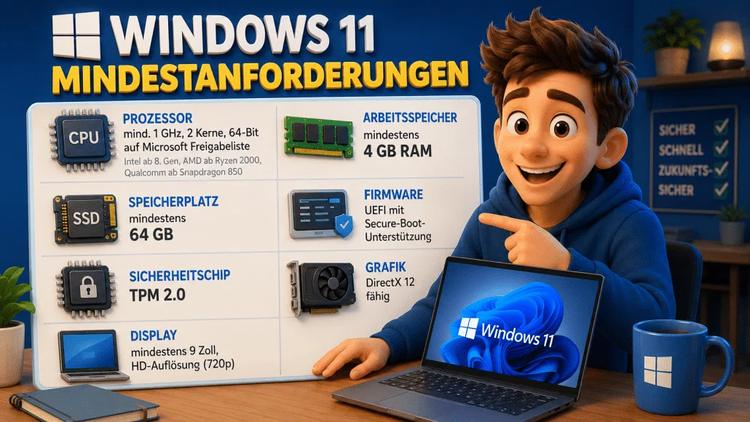 Infografik zu Windows 11 Mindestanforderungen mit Laptop