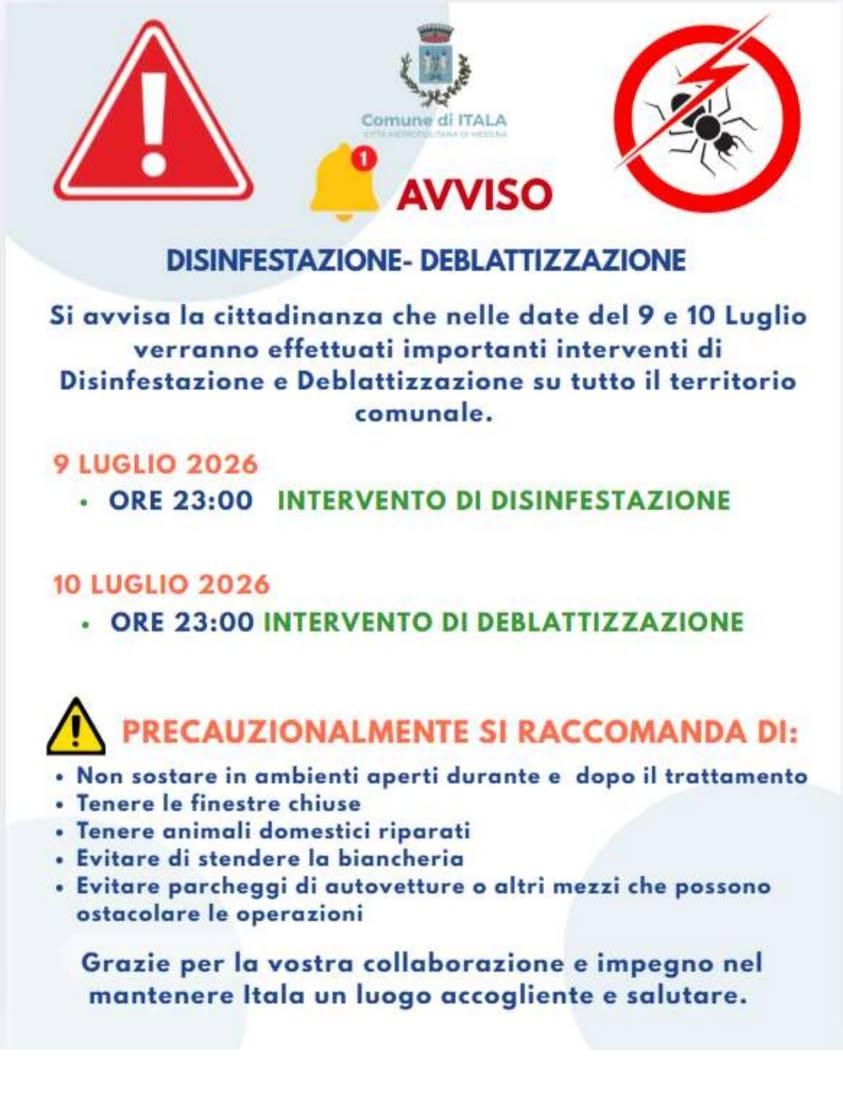 📢 AVVISO IMPORTANTE: Disinfestazione e Deblattizzazione 🐜🚫 Il Comune di Itala informa la cittadinanza che nei giorni...