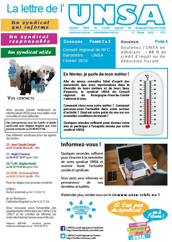 [UNSA] Lettre de l’UNSA n°13 sur le 1er baromètre des métiers Conseil régional de Bourgogne-Franche-Comté
