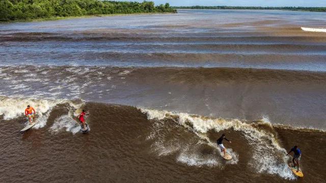 Surfistas pegam onda na pororoca no Pará
