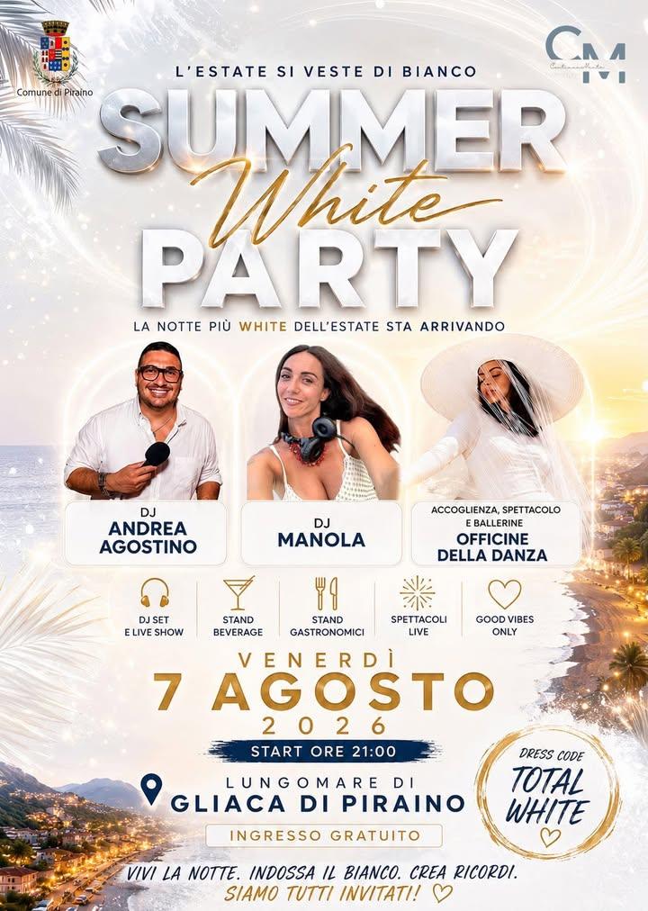🤍 L’estate si veste di bianco! 🗓️Venerdì 7 agosto il Lungomare di Gliaca si trasforma in una grande festa a cielo aper...