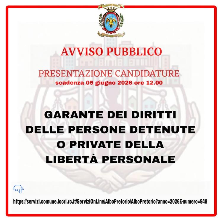 📢 AVVISO PUBBLICO APERTE LE CANDIDATURE PER IL GARANTE DEI DETENUTI DEL COMUNE DI LOCRI 🏛️ ​Il Comune di Locri ha avvi...