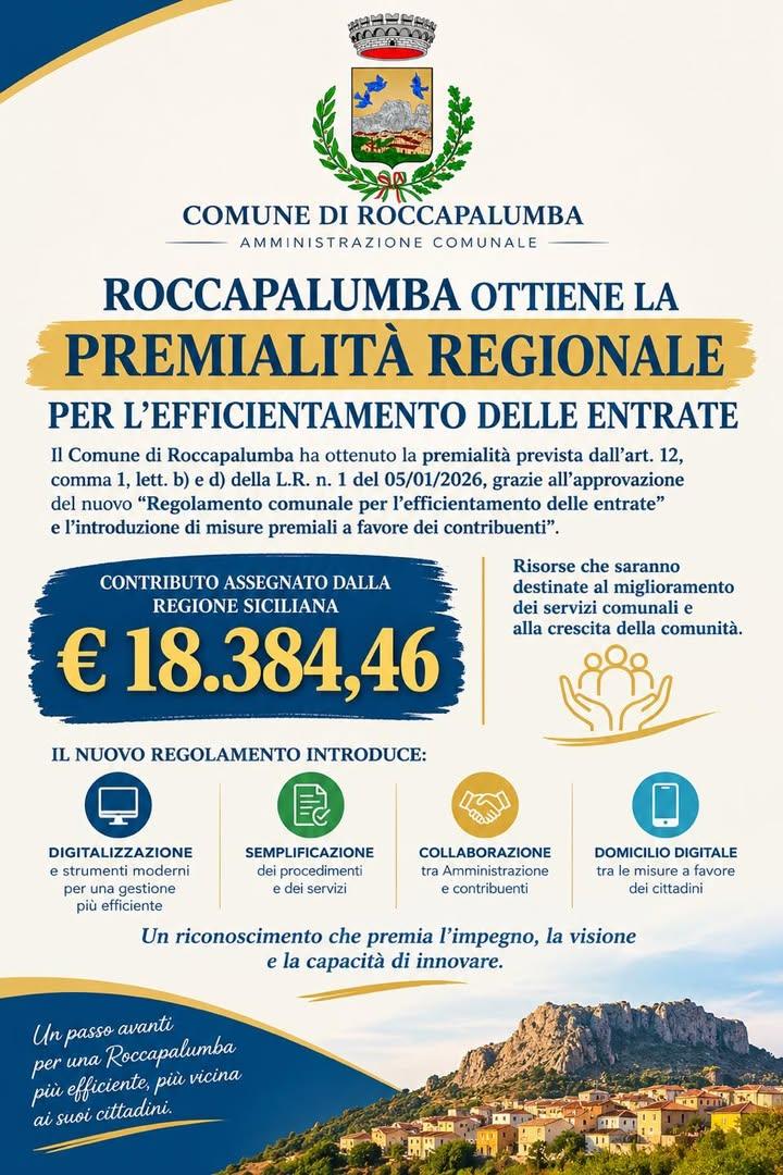 ROCCAPALUMBA OTTIENE LA PREMIALITÀ REGIONALE PER L’EFFICIENTAMENTO DELLE ENTRATE Il Comune di Roccapalumba ha ottenuto l...