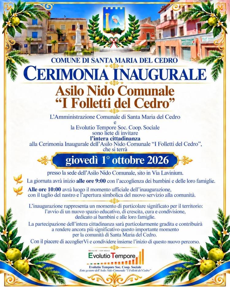 ++ AVVISO ALLA CITTADINANZA ++ Giovedì 1° ottobre 2026 sarà inaugurato l’Asilo Nido Comunale “I Folletti del Cedro”, in...