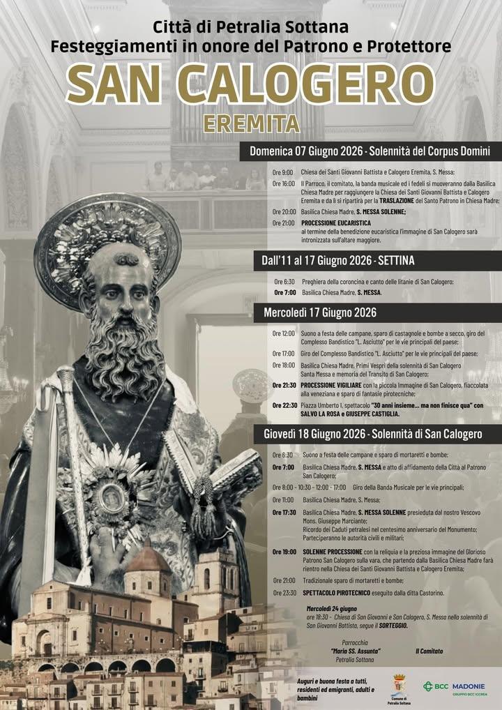 ✨️Festeggiamenti in onore del Patrono e Protettore SAN CALOGERO EREMITA✨️ ▪︎In locandina il programma completo 2026.