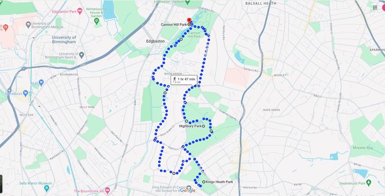 Route overview of the 7.8km Dog-friendly Three Parks Run