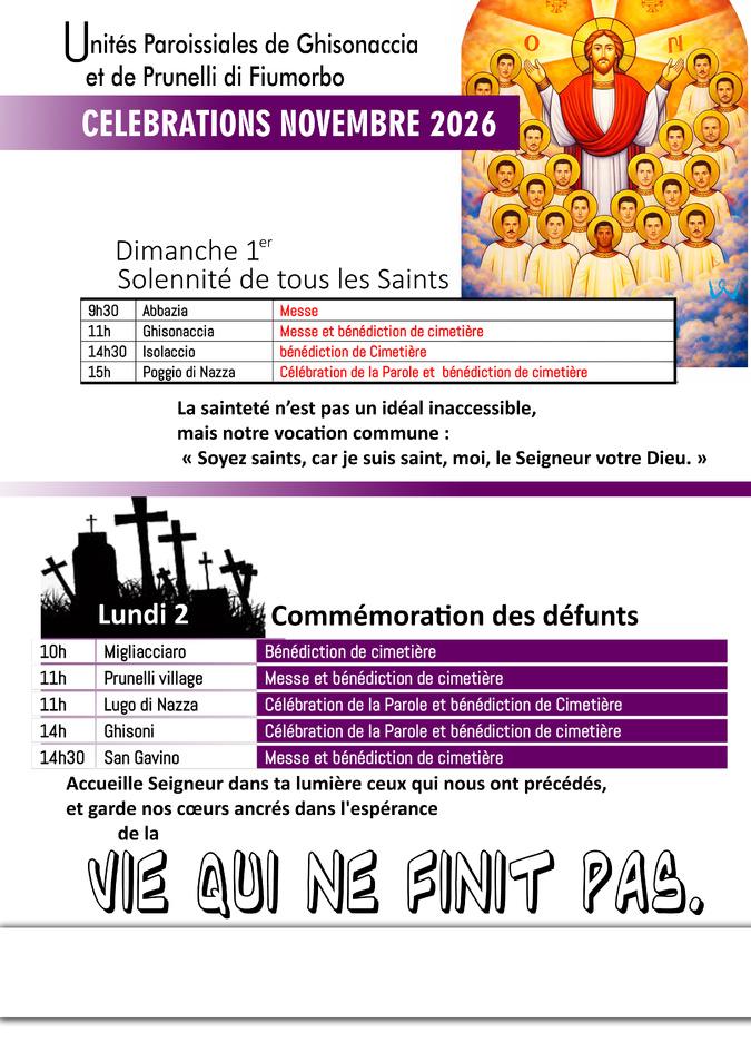 Unités paroissiales de Ghisonaccia et de Prunelli di Fiumorbo - Programme des célébrations de la Toussaint