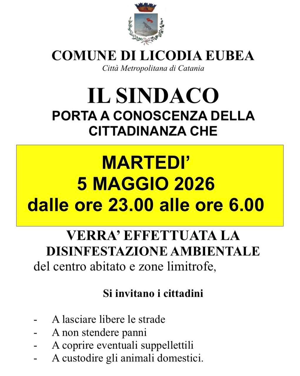 📣 Avviso disinfestazione