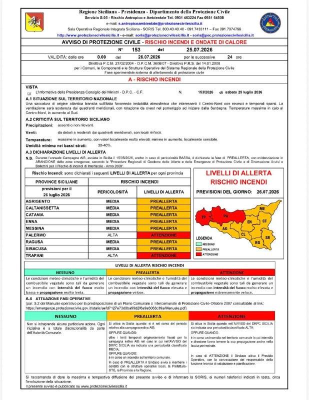 Domenica 26/07/2026 Attenzione : Le condizioni meteo-climatiche e l'umidità del combustibile vegetale sono tali da gener...