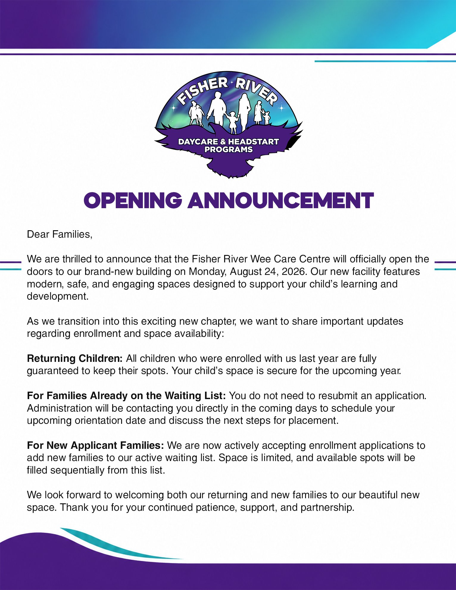 Fisher River Wee Care Centre to Open Monday August 24