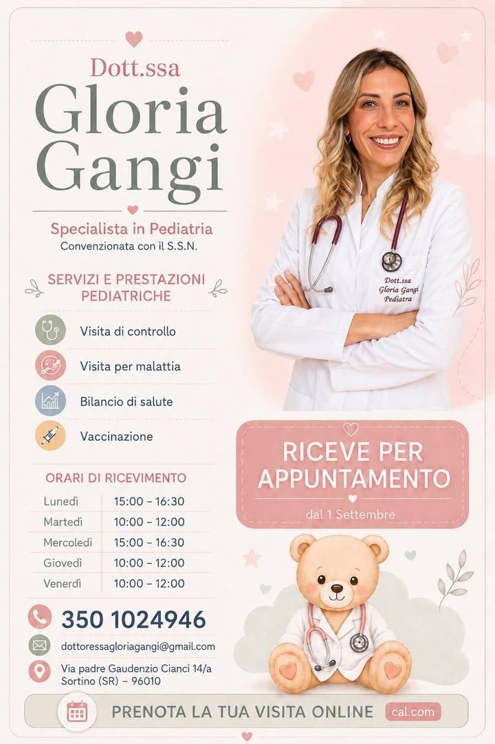 La Dottoressa Gloria Gangi è la nuova pediatra di libera scelta per i bambini di Sortino, subentrata alla Dottoressa Cla...